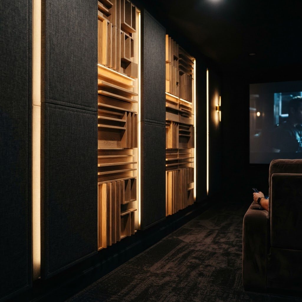 Acoustic treatment panels and wood diffusers in a dark theater