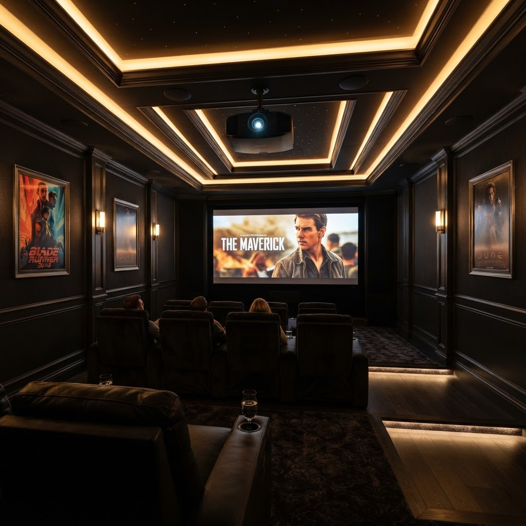 False ceiling with warm cove lighting in a home cinema